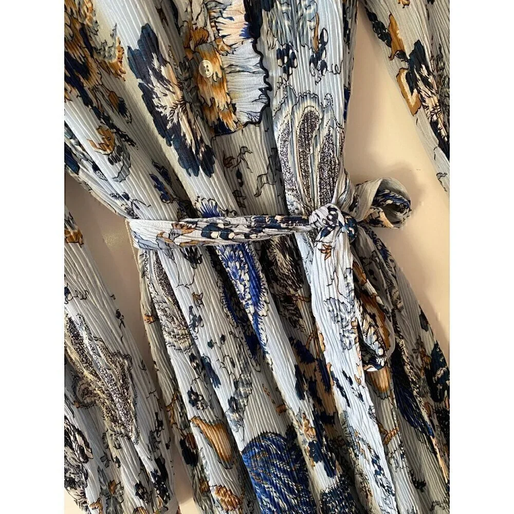 Tory Burch Deneuve Paisley Dress Size 0 Blue Crinkle Floral Ruffle Long Sleeve - Picture 9 of 14